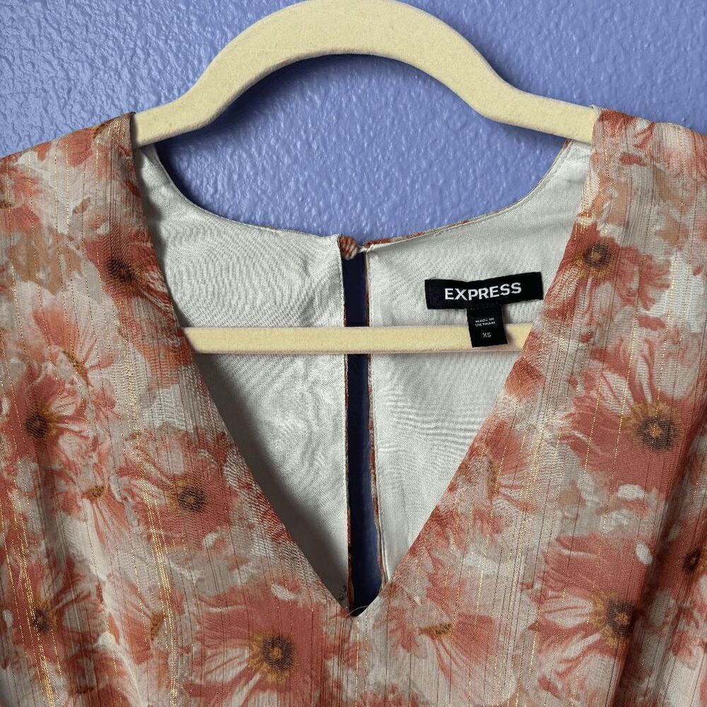 Express Metallic Floral Print Ruched Waist Ruffle Hem Mini Dress Multi-Color XS - Picture 2 of 7